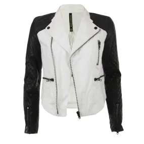 Jessica Jacket - Off-White Denim Jacket with Vegan Leather Sleeves