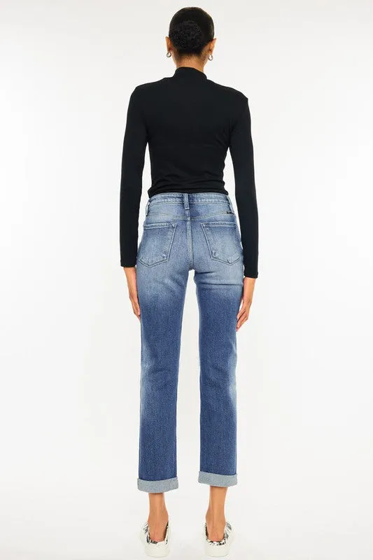 Kan Can High Rise Hem Detail Slim Straight Jeans