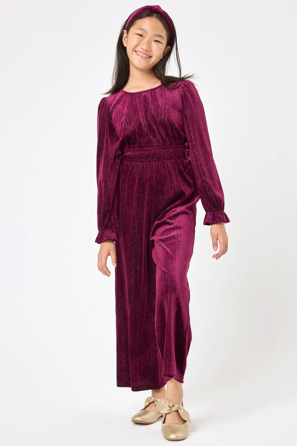 Kids Burgundy Glittered Velvet Jumpsuit