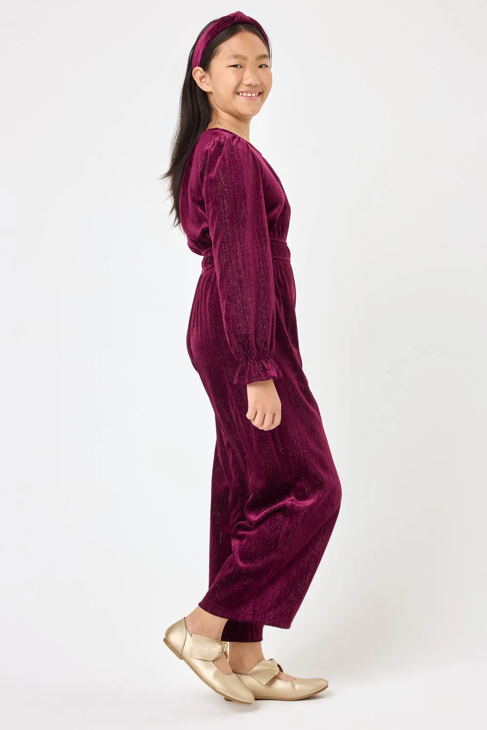 Kids Burgundy Glittered Velvet Jumpsuit