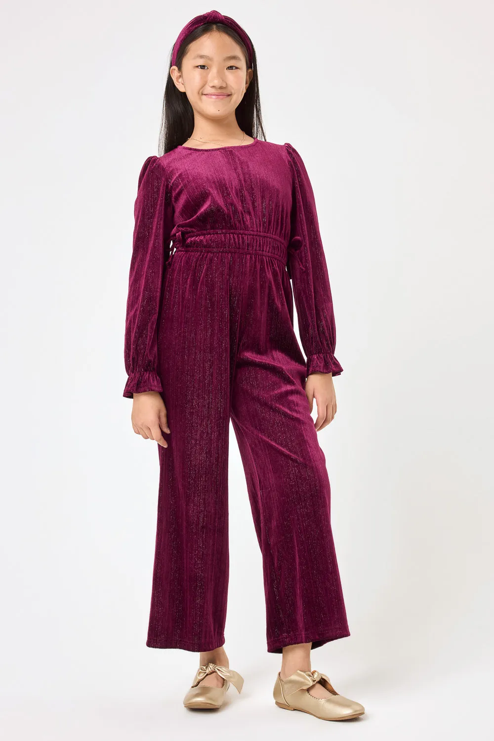 Kids Burgundy Glittered Velvet Jumpsuit