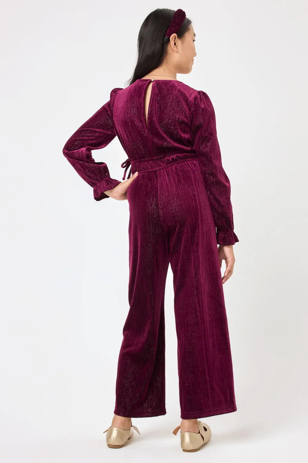 Kids Burgundy Glittered Velvet Jumpsuit