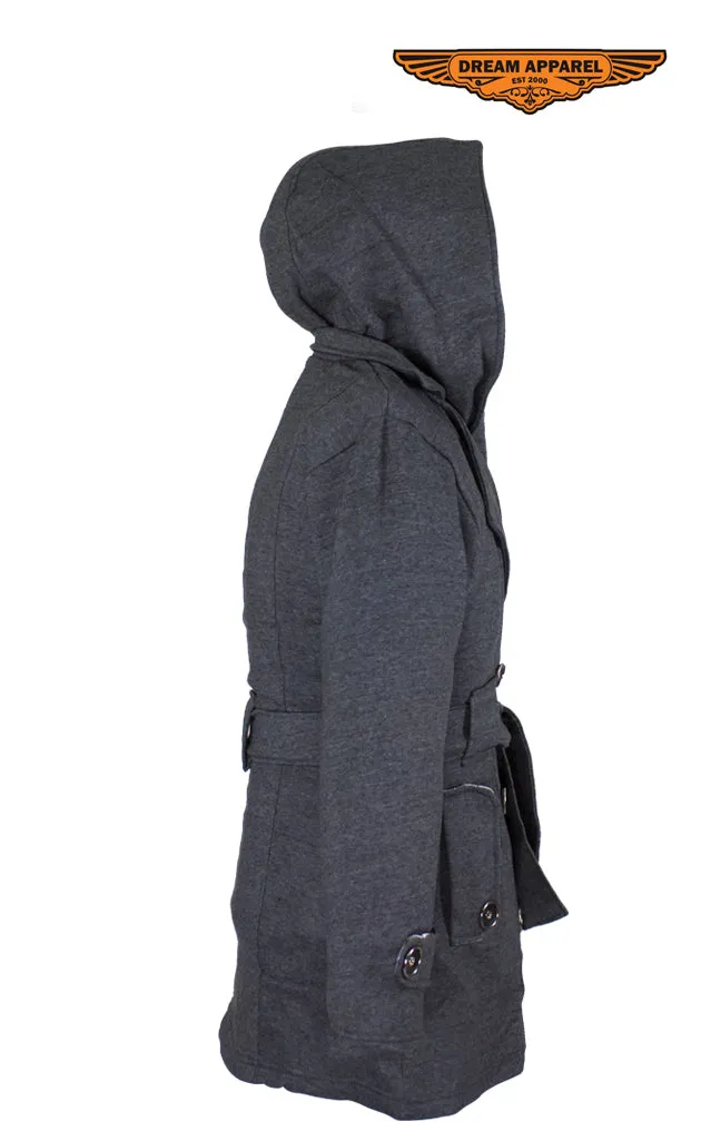 Ladies Dark Grey Button Up Coat W/ Belt and Removable Hood