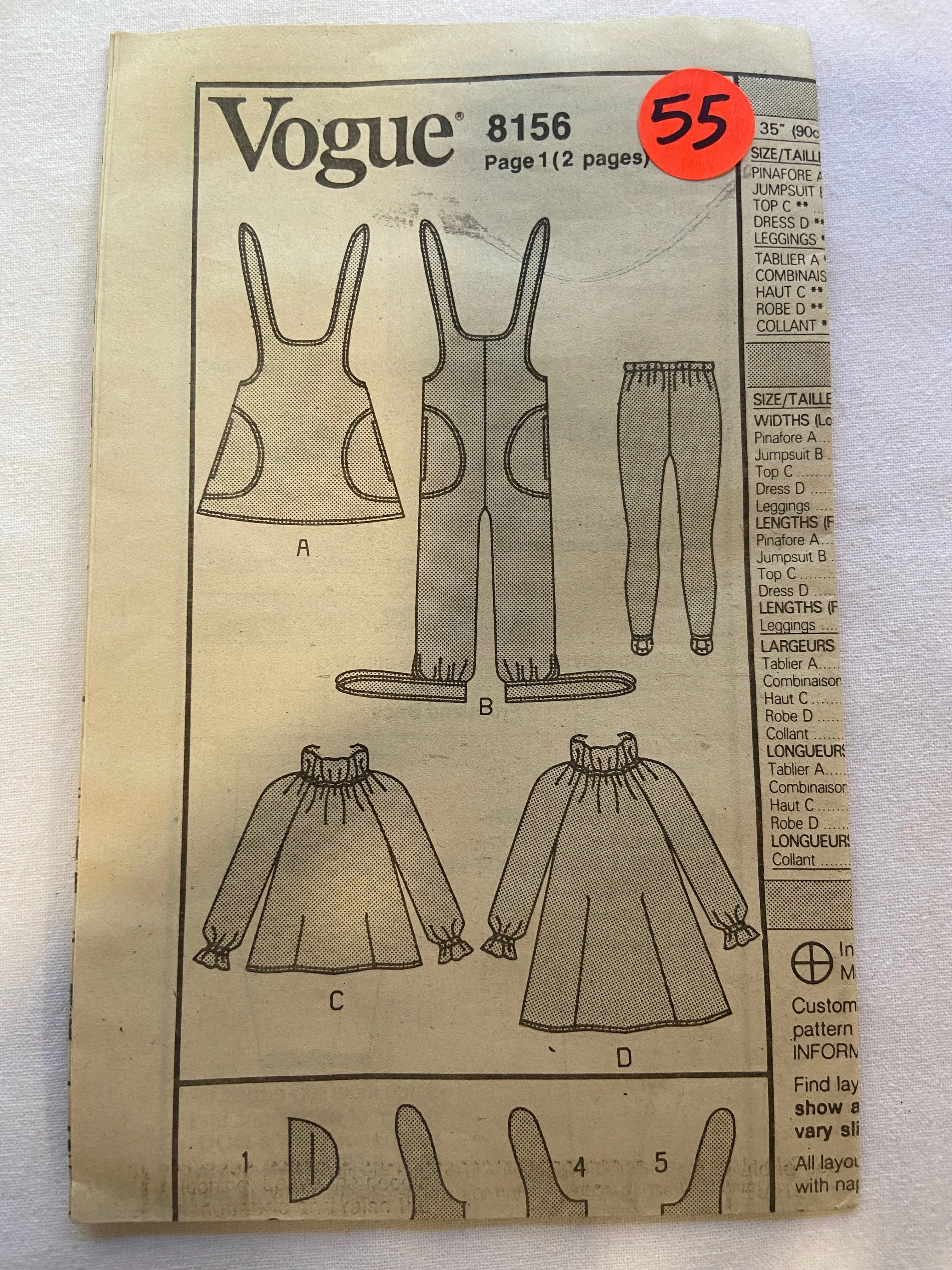 Little Vogue 8156 Pattern CUT Pinafore, Jumpsuit, Dress, Top & Leggings Sizes 1, 2, 3