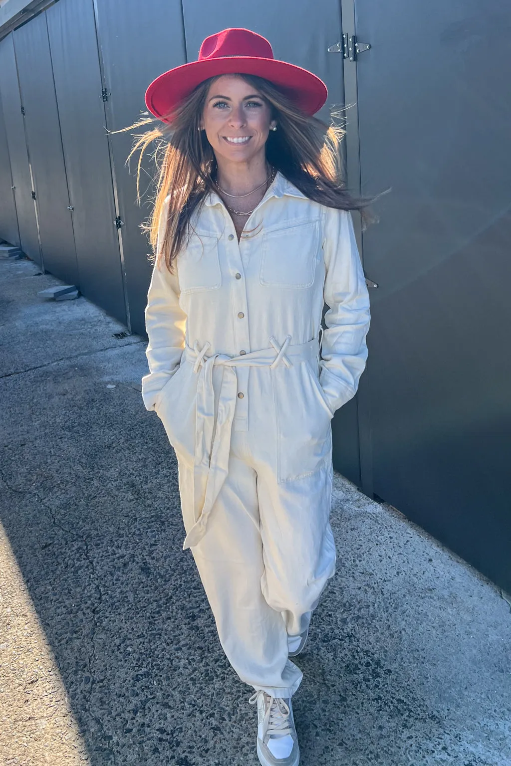 Long Sleeve Cotton Twill Jumpsuit-Vanilla