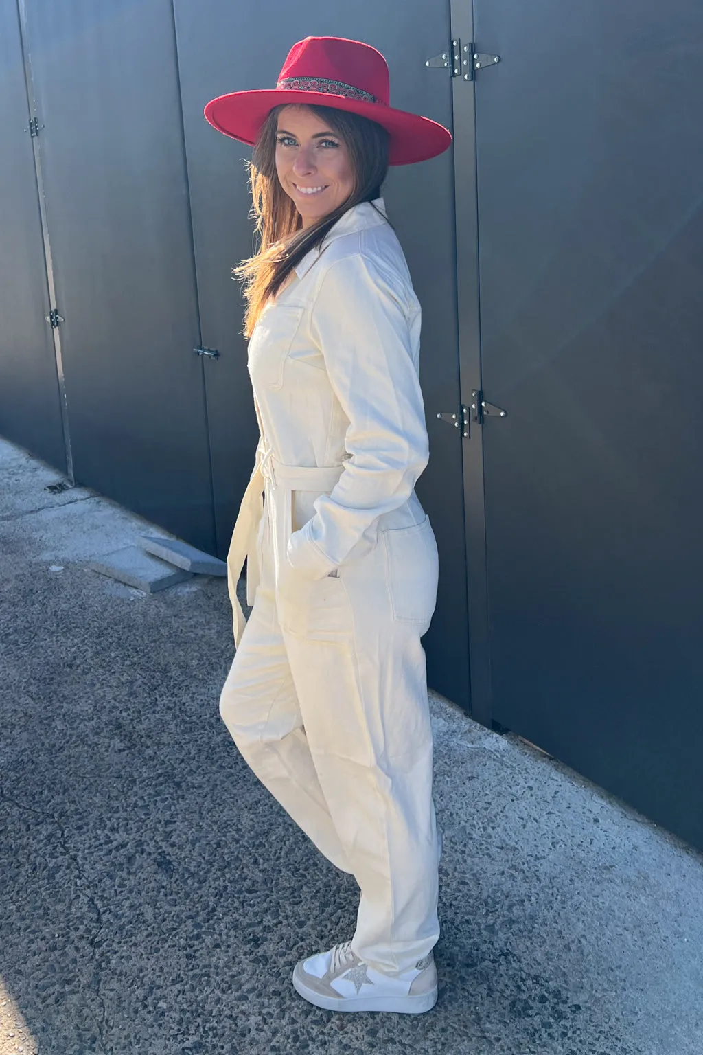 Long Sleeve Cotton Twill Jumpsuit-Vanilla