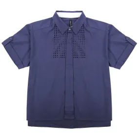 Marla Short Sleeve Button Down with Laser Cut Detail - Navy