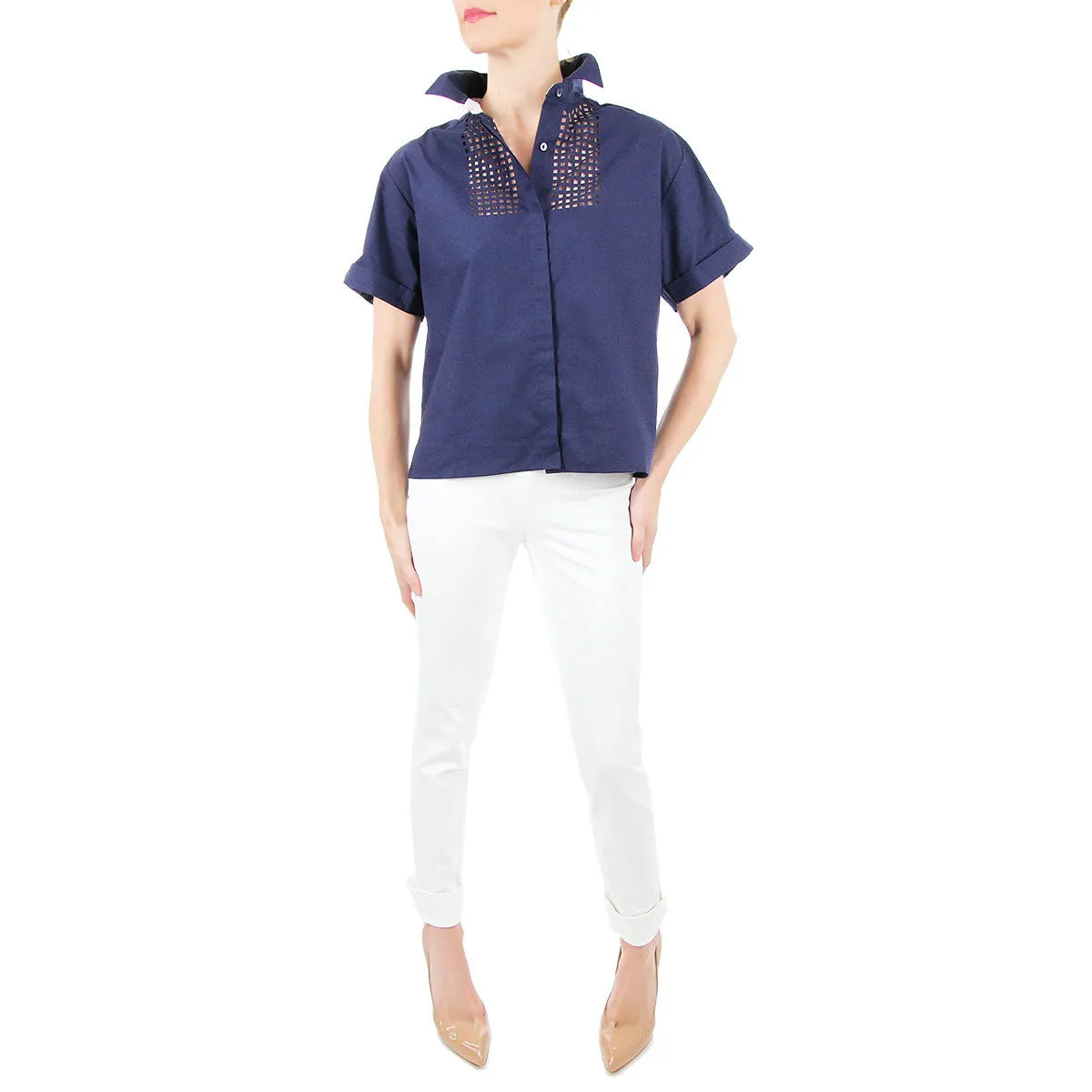 Marla Short Sleeve Button Down with Laser Cut Detail - Navy