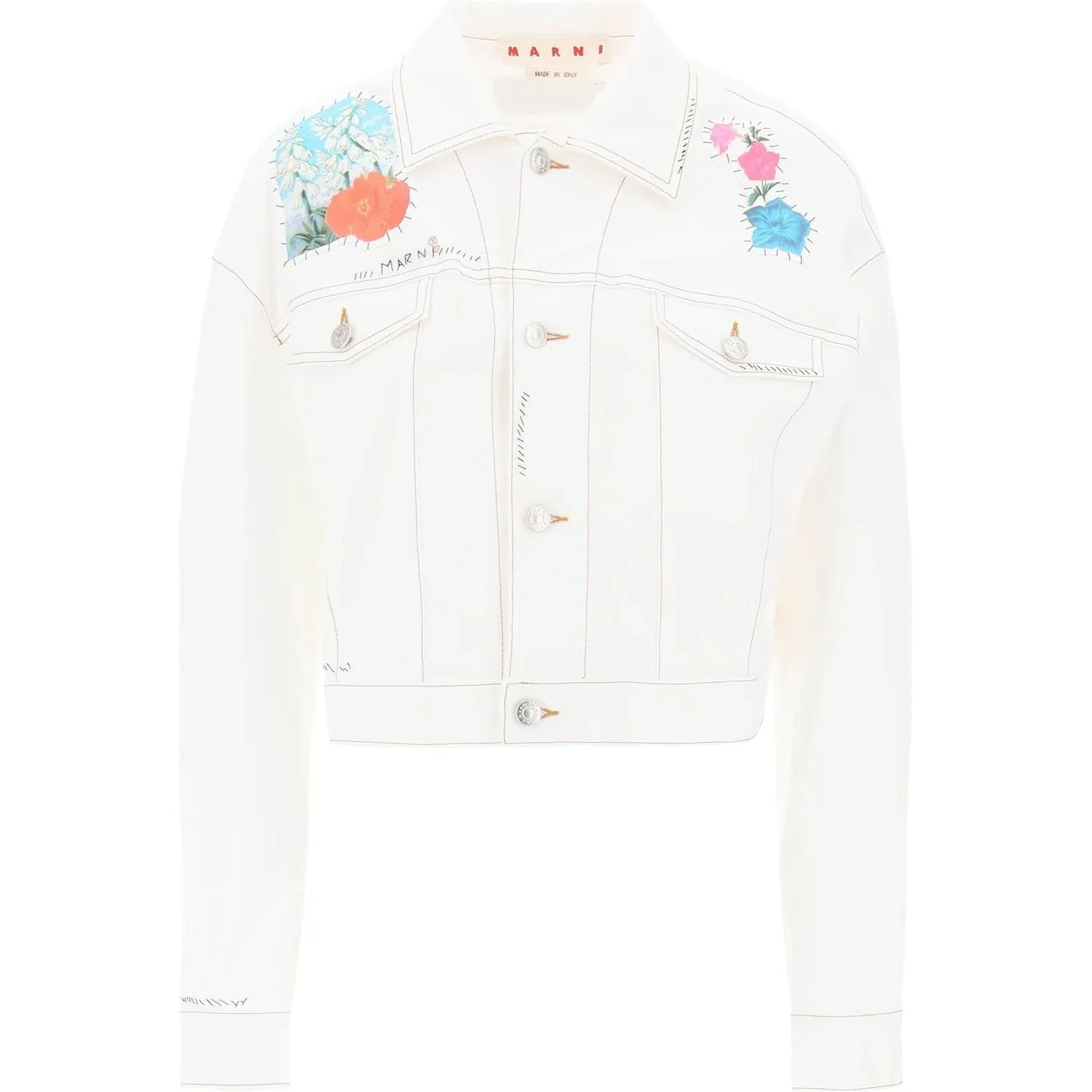 Marni "cropped denim jacket with flower patches and embroidery"