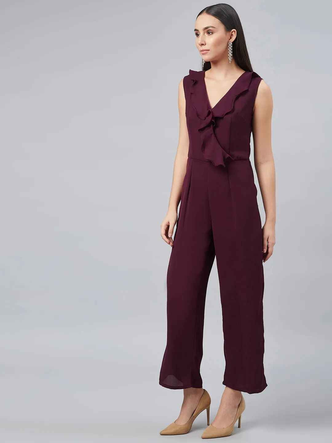 Maroon Basic Jumpsuit with Ruffles