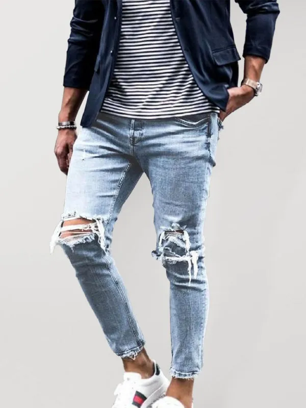 Men's solid casual ripped pencil jeans