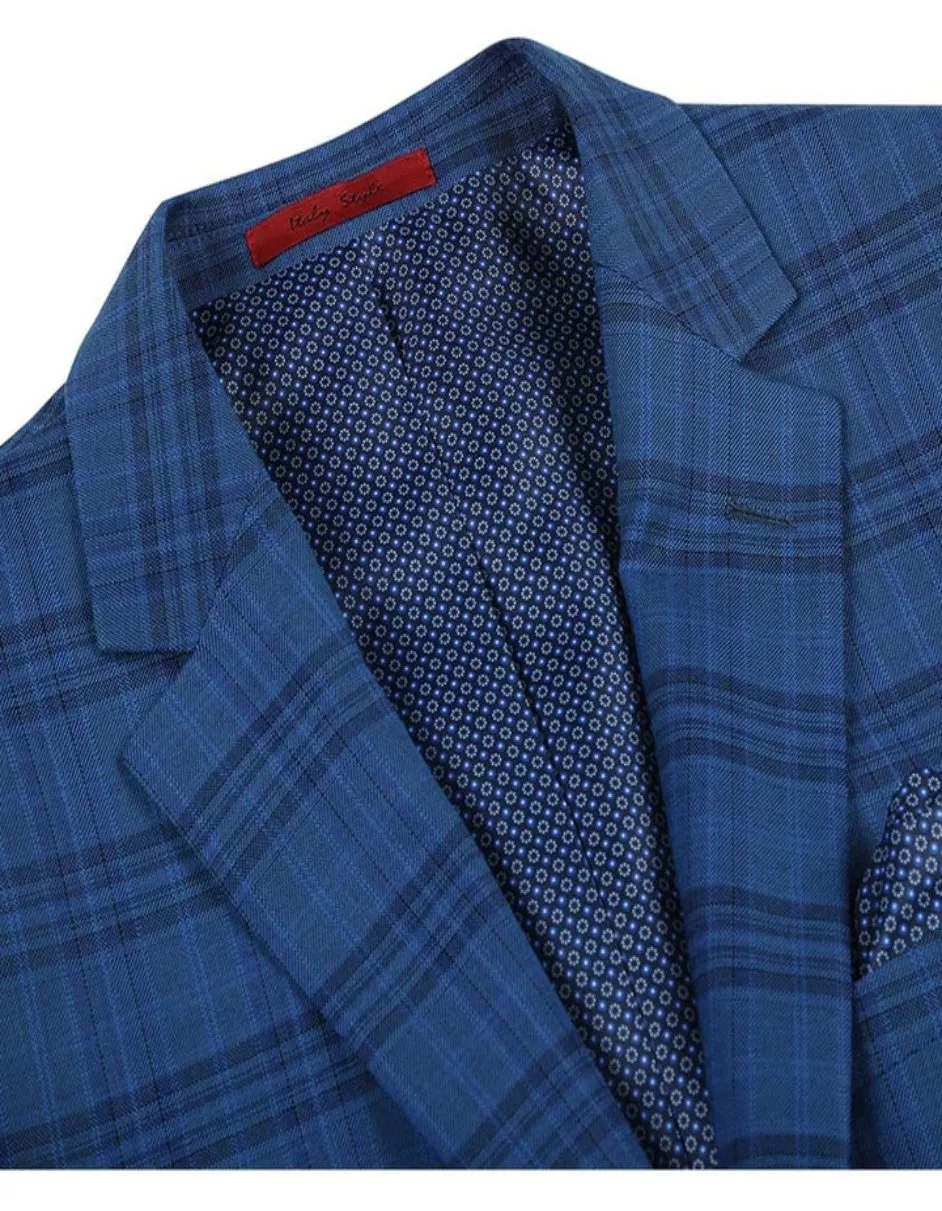 Mens Two Button Slim Fit Sport Coat Medium Indigo Blue Windowpane Plaid Blazer