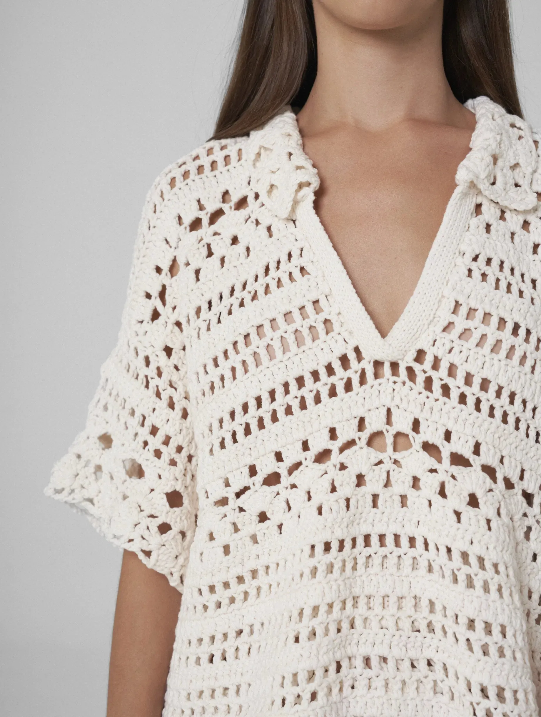 MIA Hand-crochet polo top ecru