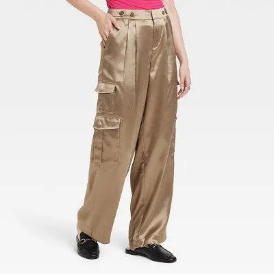 New - A New Day Women's Straight Relaxed High Rise Satin Cargo Pants Glossy