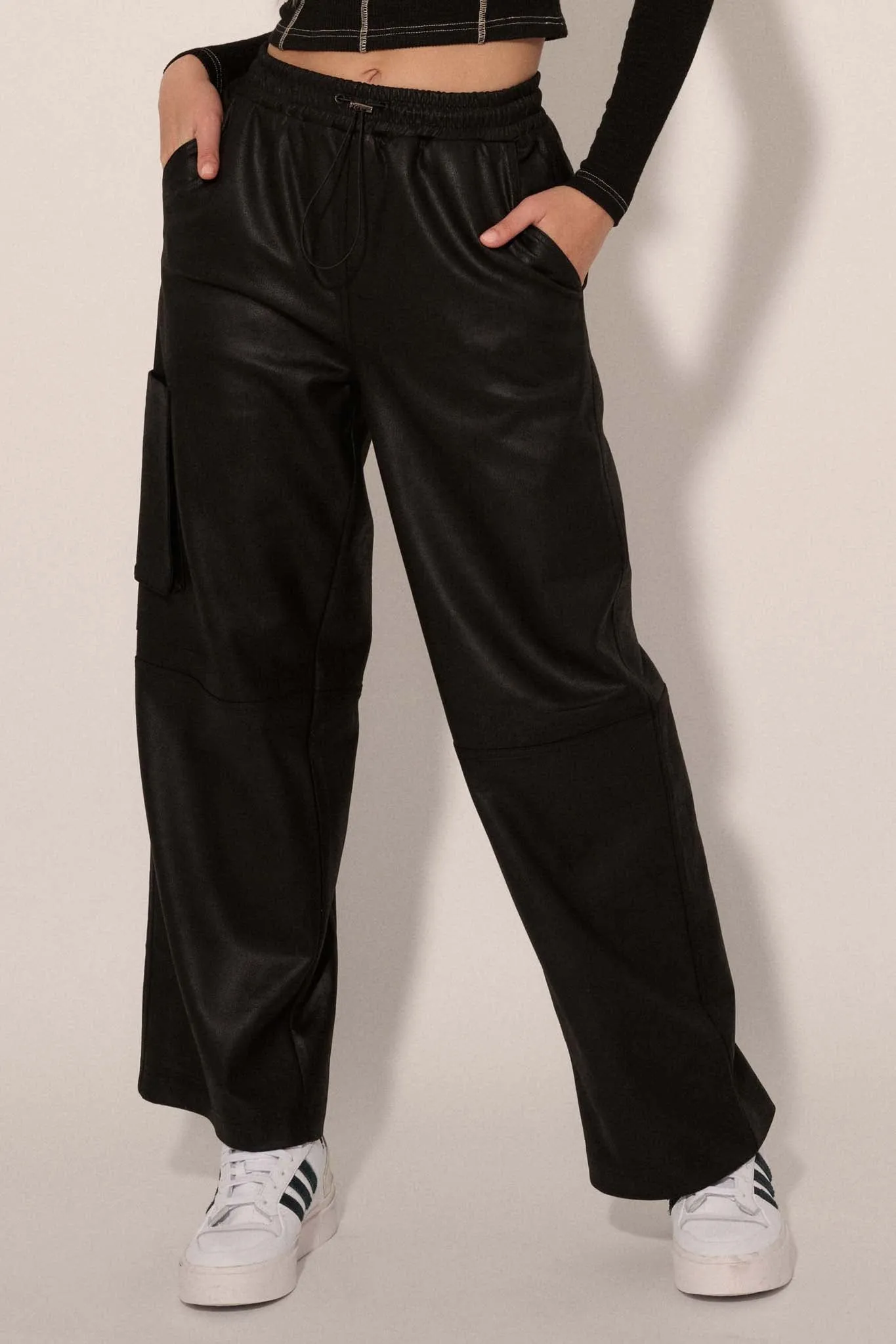 On the Run Vegan Leather Drawstring Cargo Pants