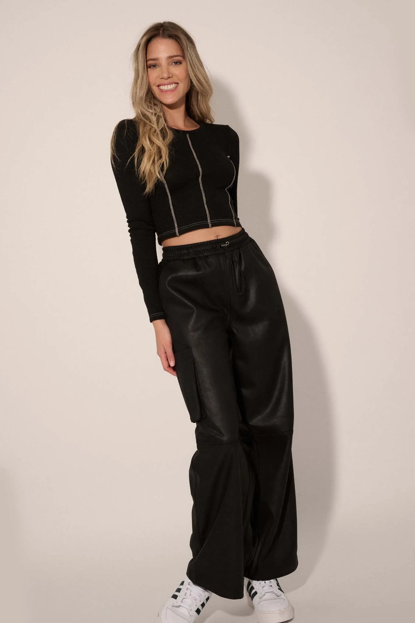 On the Run Vegan Leather Drawstring Cargo Pants