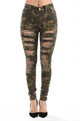 Plus High Waist Pants Ripped Destroyed Skinny Jeans Stretch Legging Camo Army