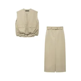 Pre Order:  Beige Zip Up Cargo Vest   Skirt Set