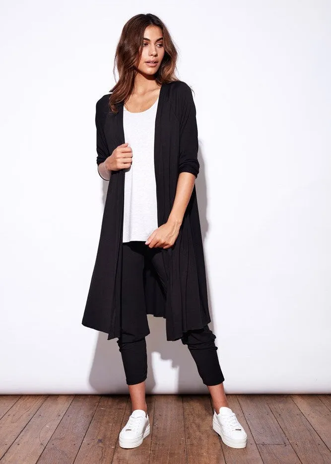 Quatro Longline Bamboo Duster Cardigan - Black