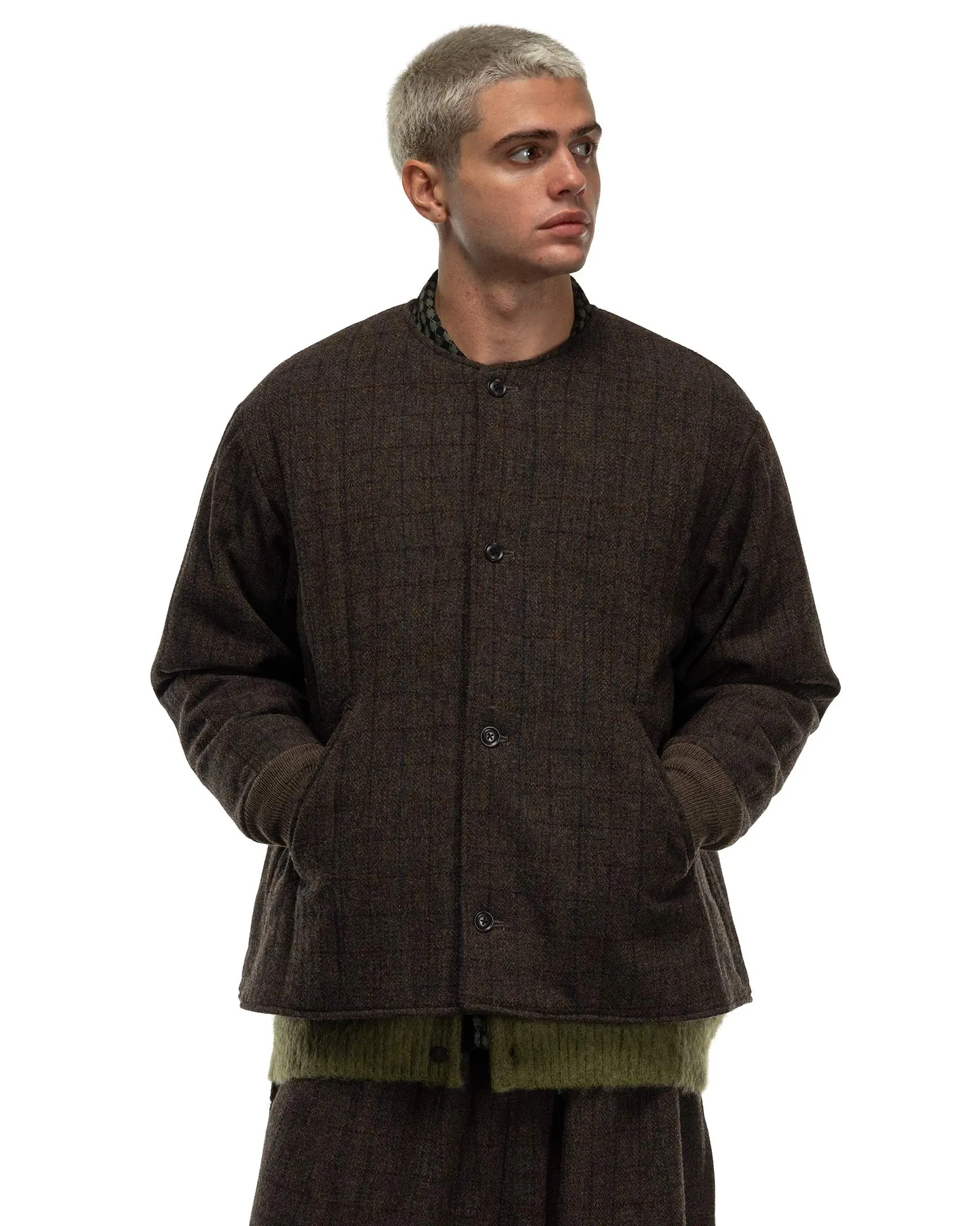 Quilted Crew Neck Jacket - Wool Windowpane Olive