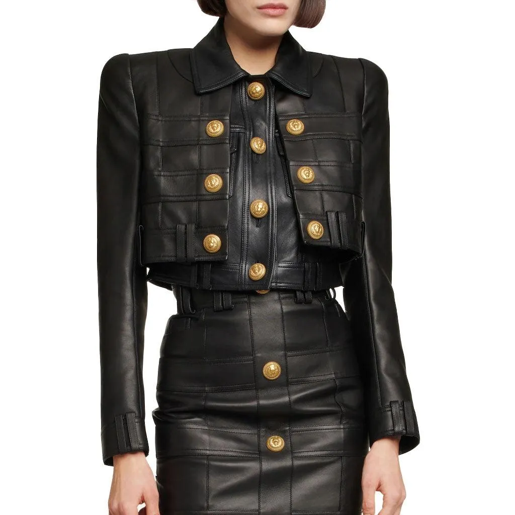 Quilted Women Cropped Leather Jacket