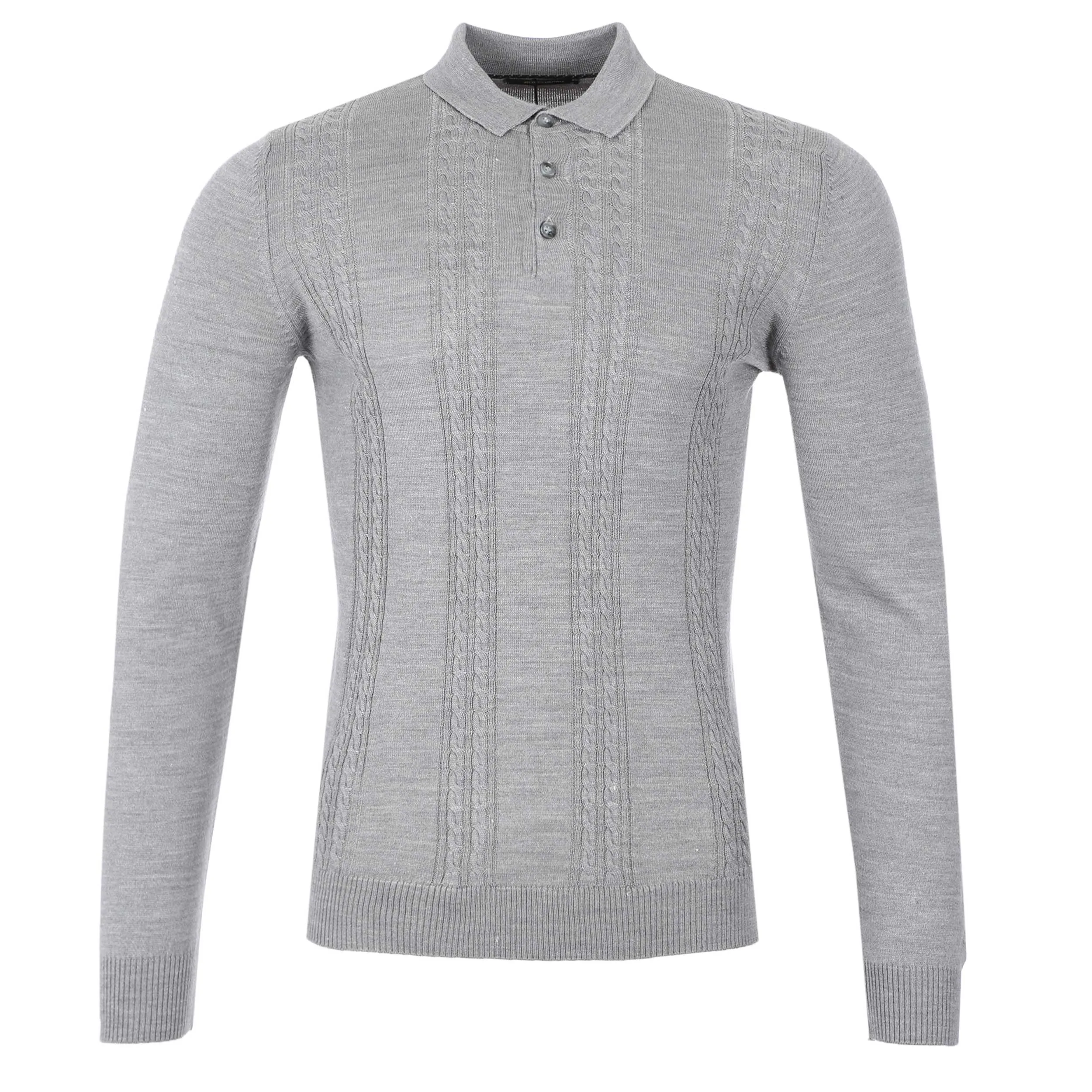 Remus Uomo Cable Knit Front Knitted Polo in Silver Grey