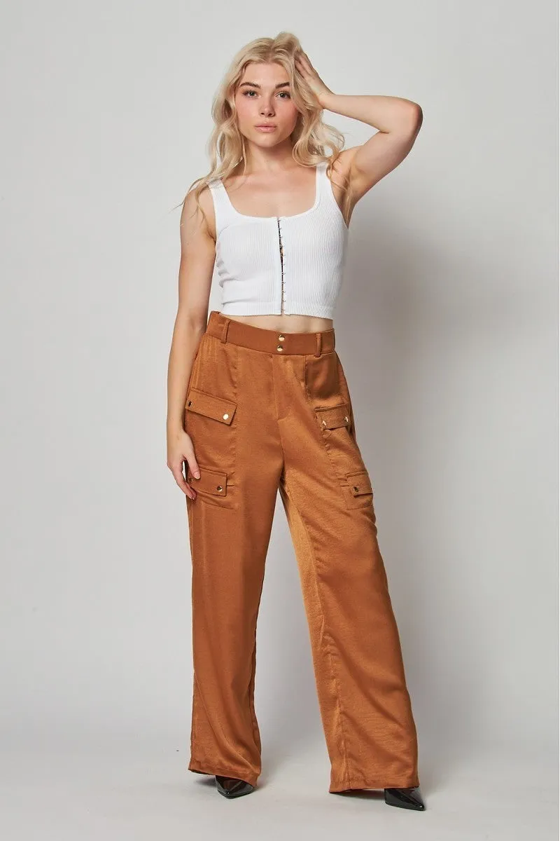 Satin Cargo Pocket Wide Leg Pants - 4 colors