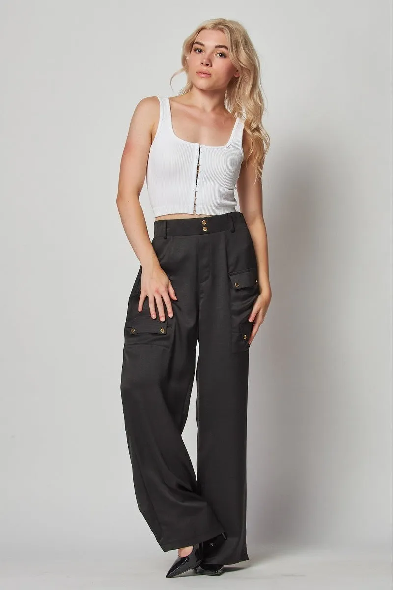 Satin Cargo Pocket Wide Leg Pants - 4 colors