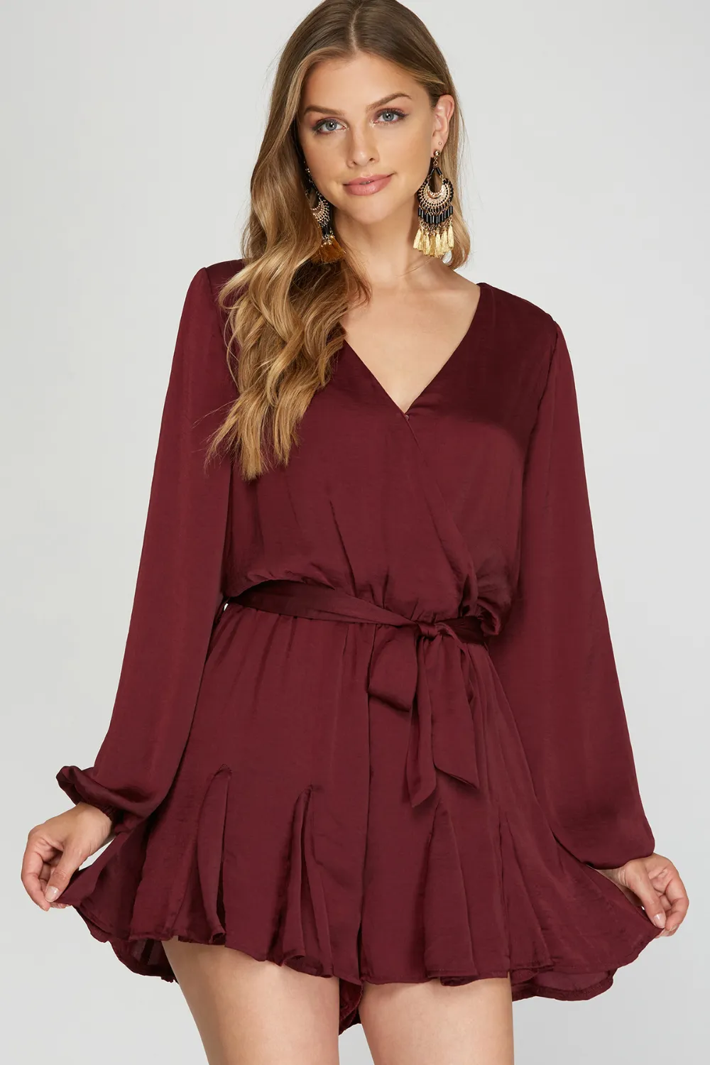 SATIN RUFFLE SKIRT ROMPER | BURGUNDY