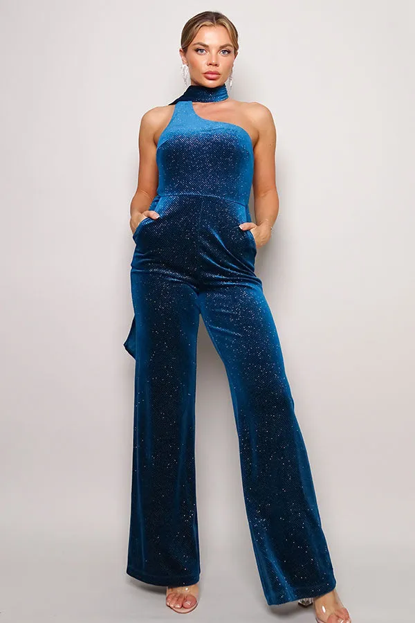 Scarf Top Glitter Velvet Jumpsuit - 3 colors