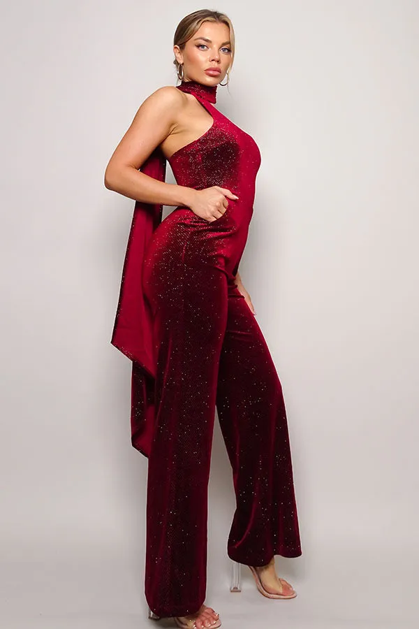 Scarf Top Glitter Velvet Jumpsuit - 3 colors