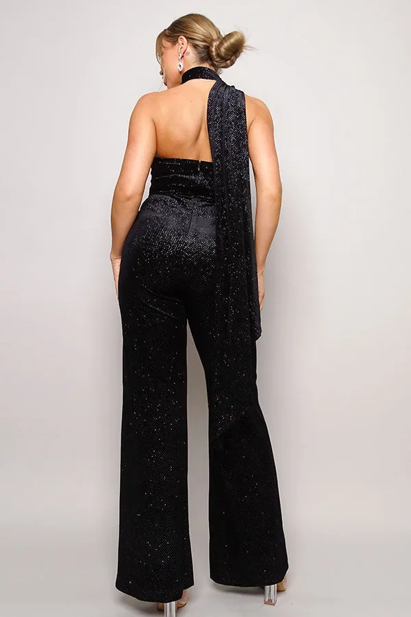 Scarf Top Glitter Velvet Jumpsuit - 3 colors