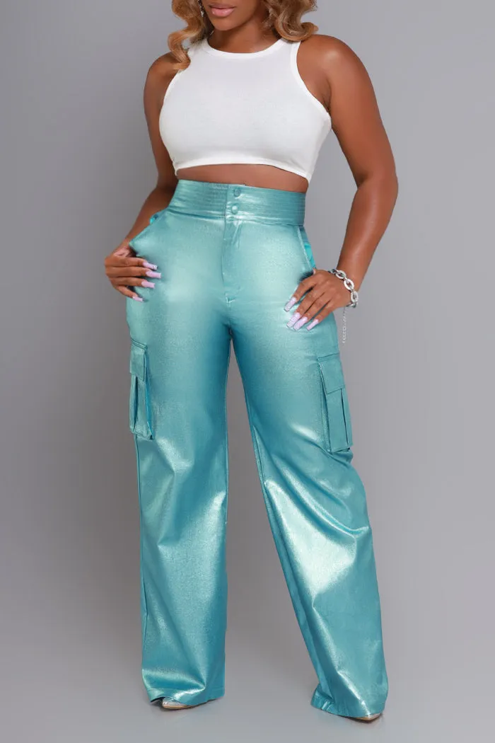 So Much High Rise Metallic Cargo Pants - Blue