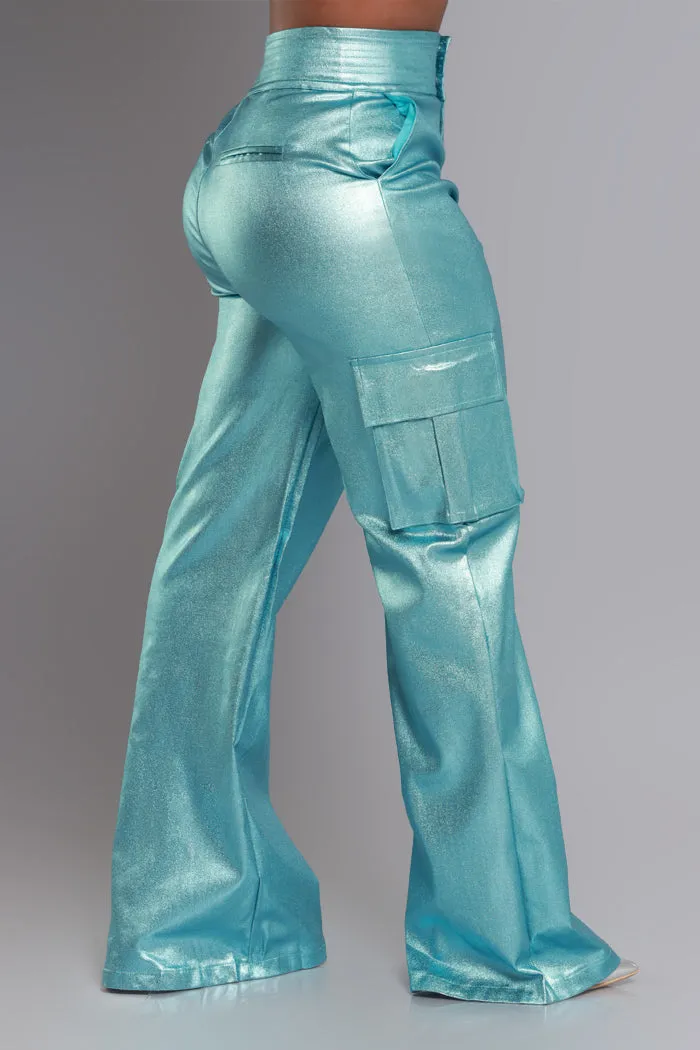 So Much High Rise Metallic Cargo Pants - Blue