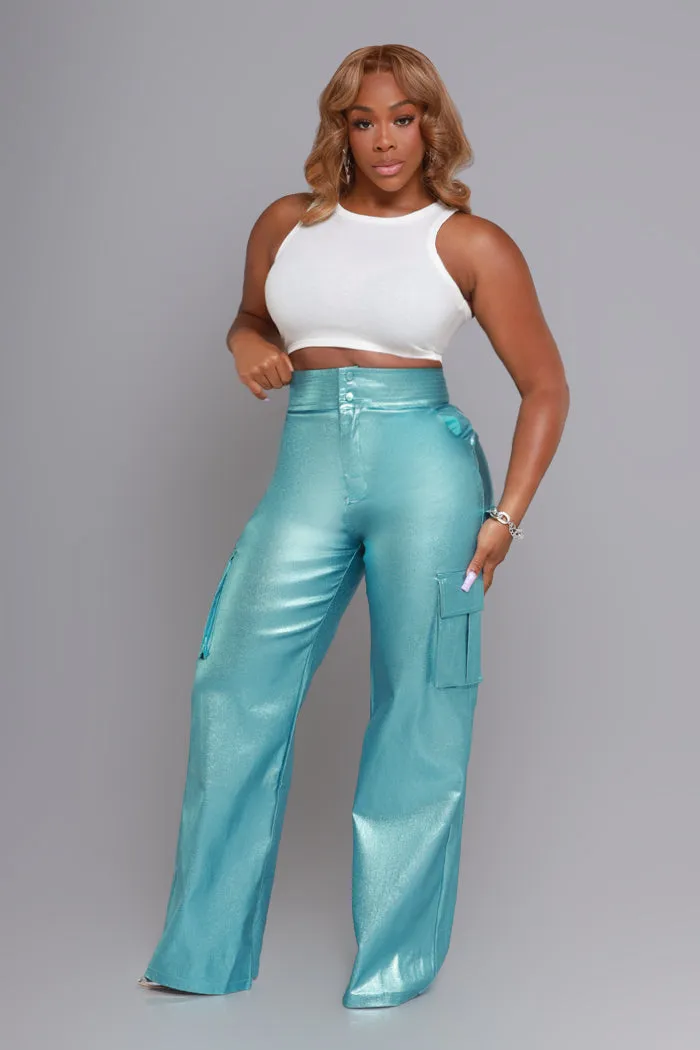 So Much High Rise Metallic Cargo Pants - Blue