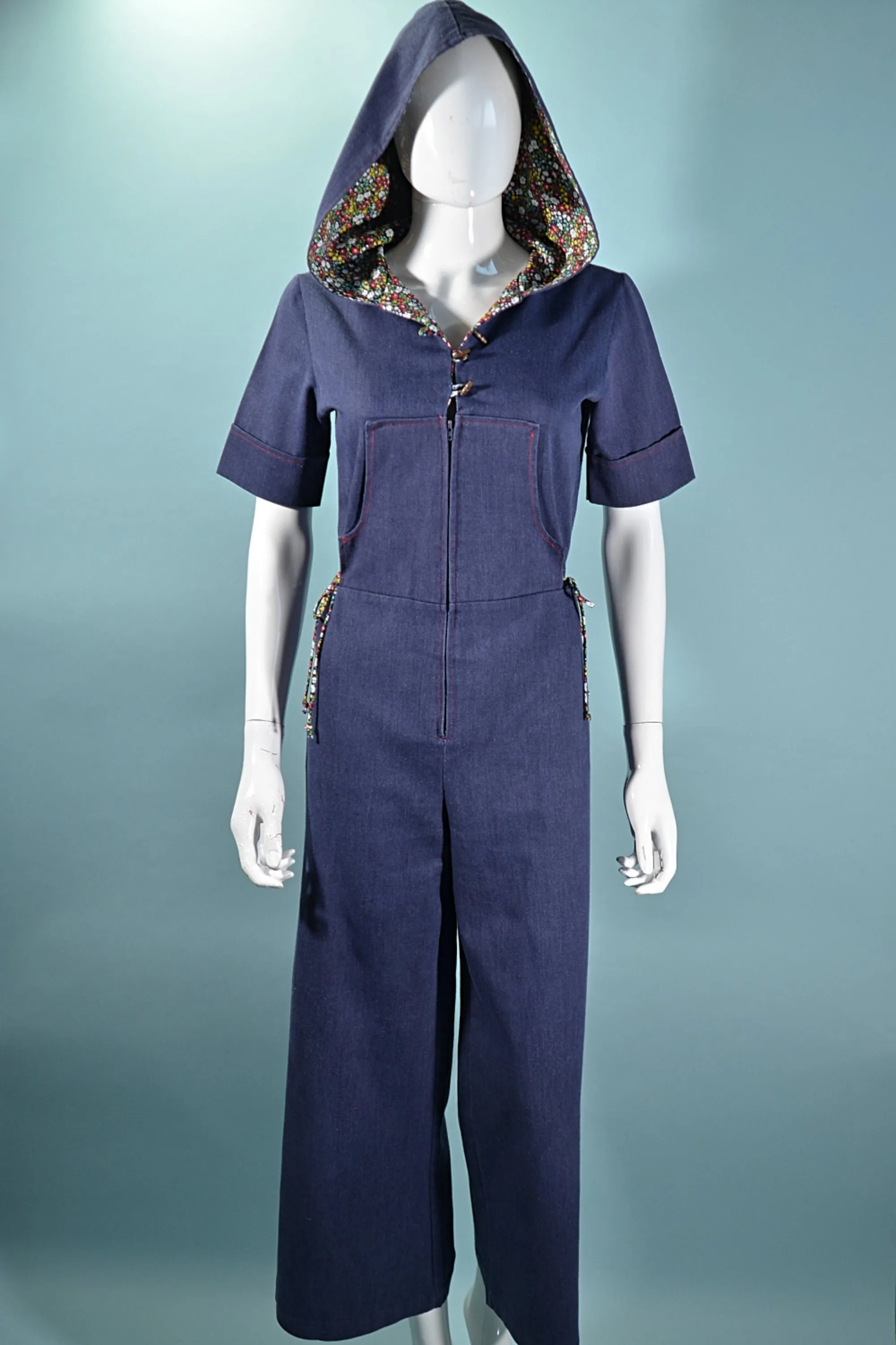 SOLD Vintage 60s/70s Hooded Denim Jumpsuit, Bell Bottoms   Calico Print S