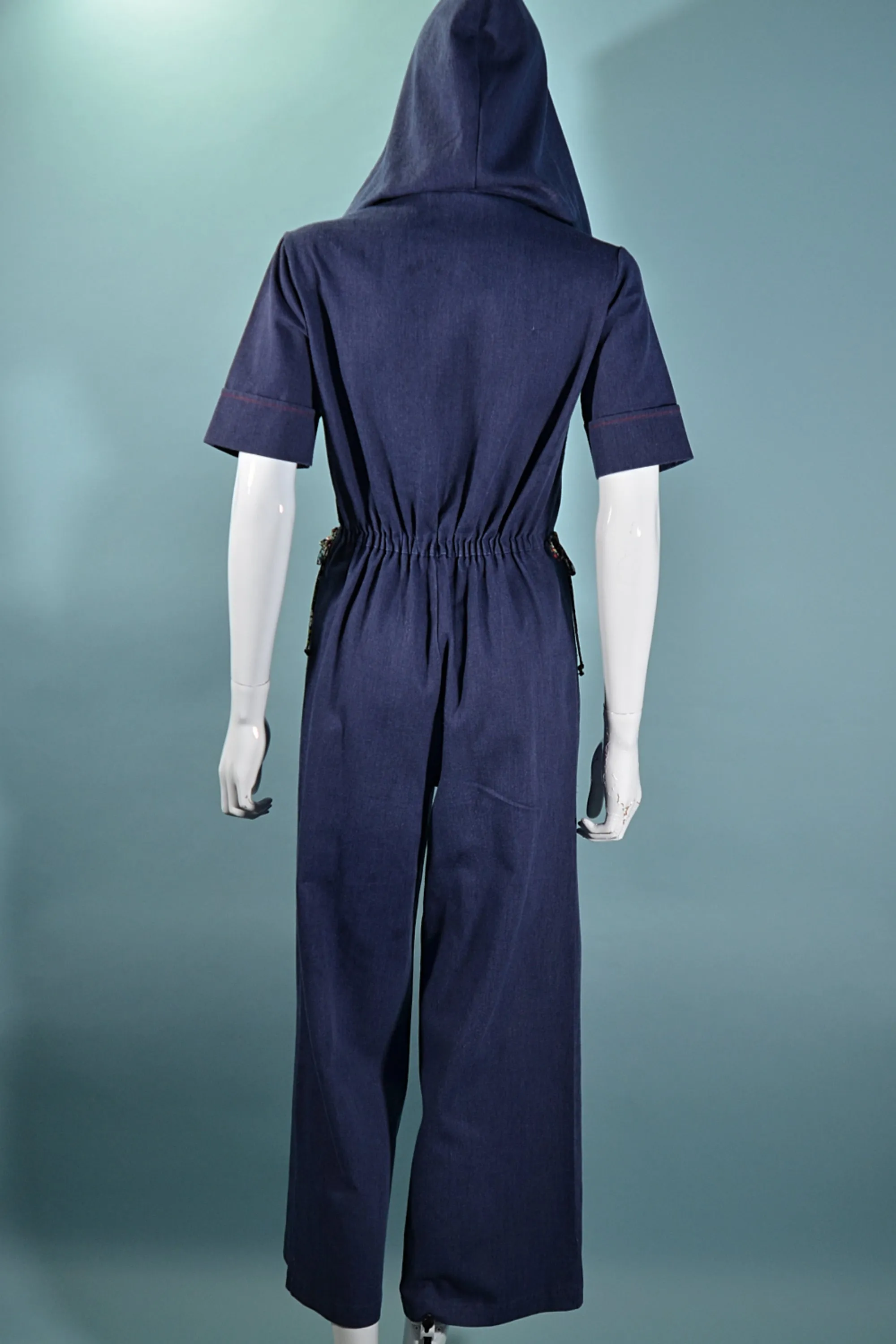 SOLD Vintage 60s/70s Hooded Denim Jumpsuit, Bell Bottoms   Calico Print S