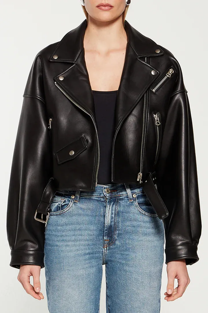 Tanya Cropped Leather Biker Jacket