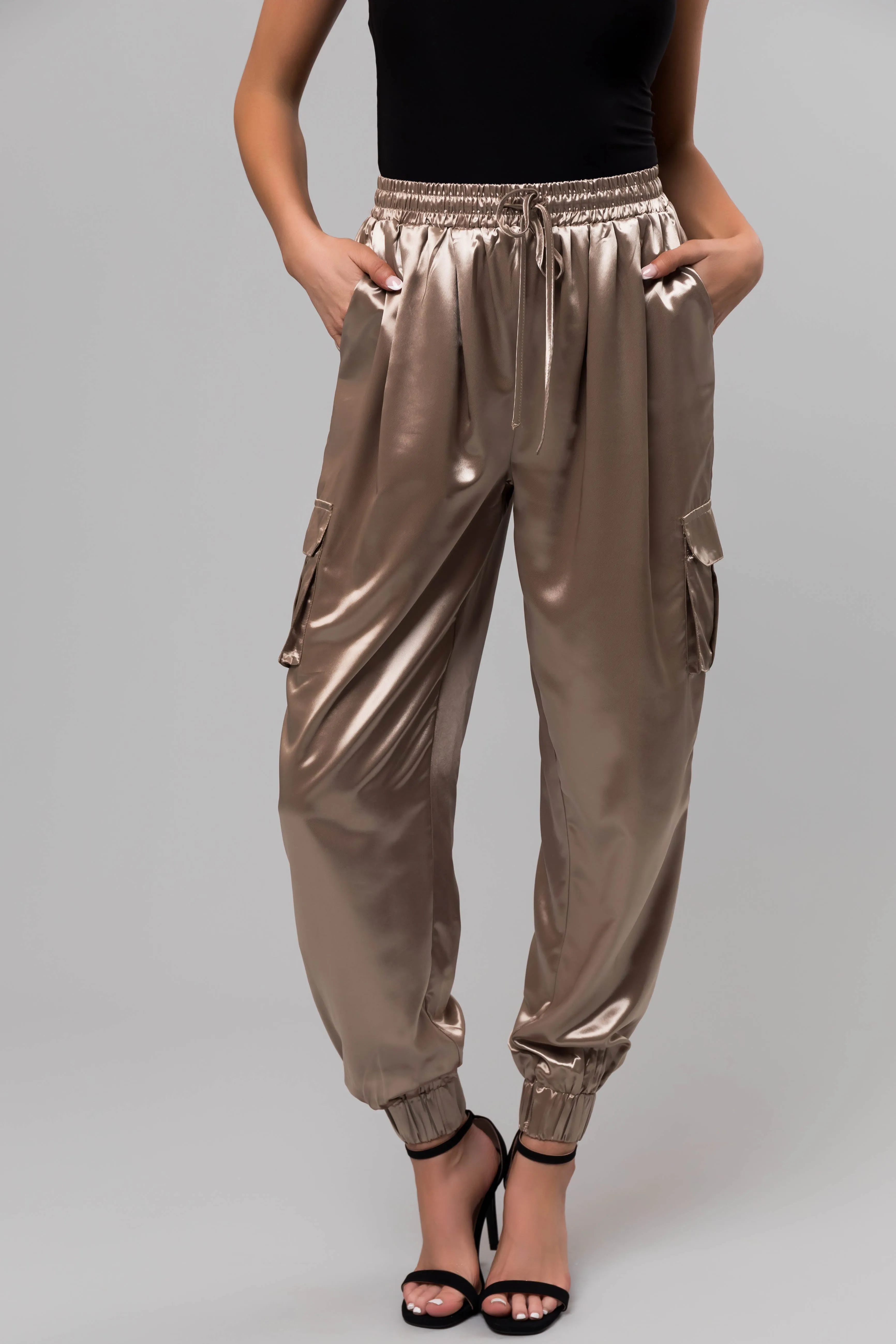 Taupe Shiny Metallic Smocked Waist Joggers