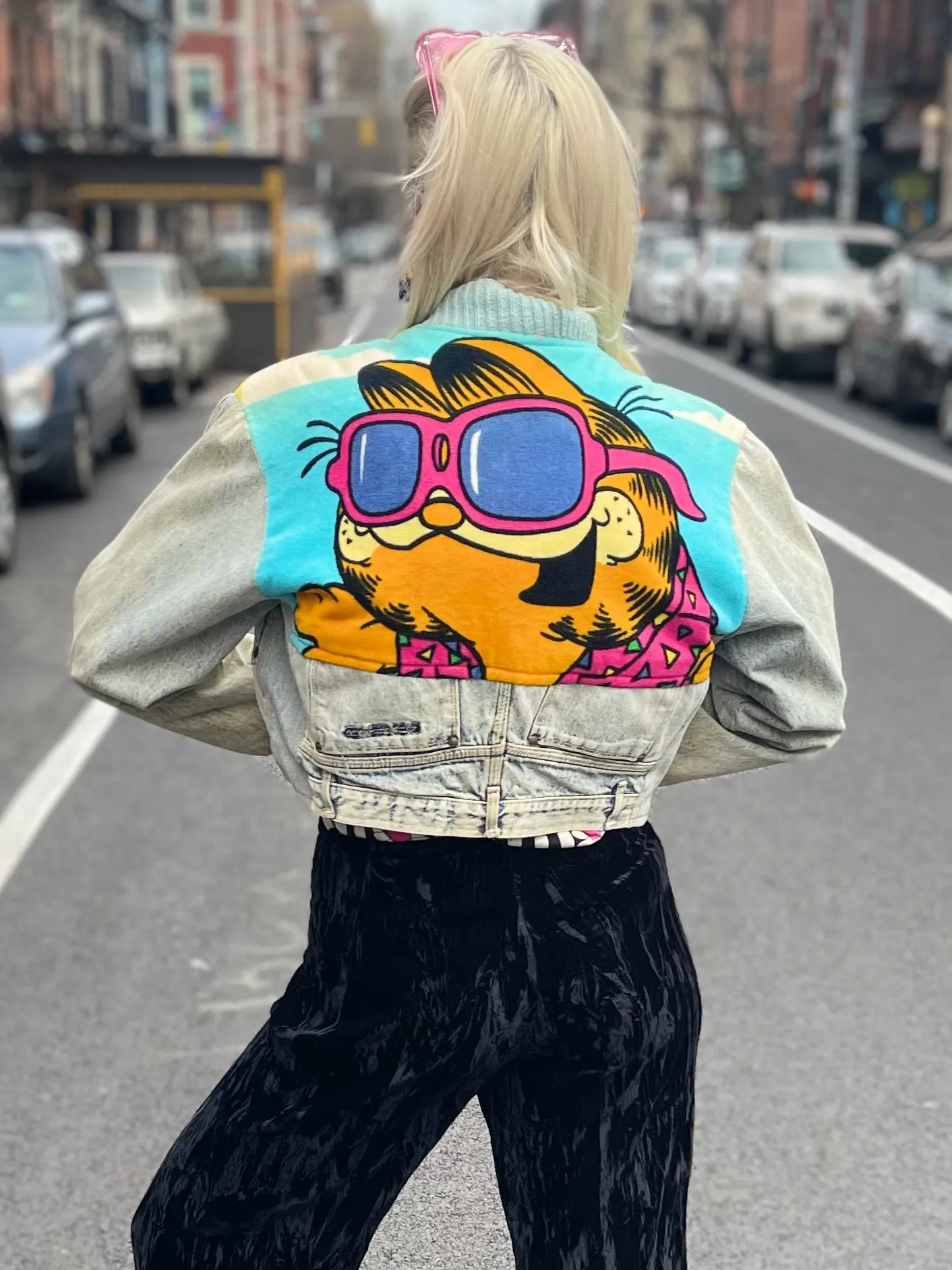 Vintage 80s Patchwork Garfield Cropped Jean Jacket