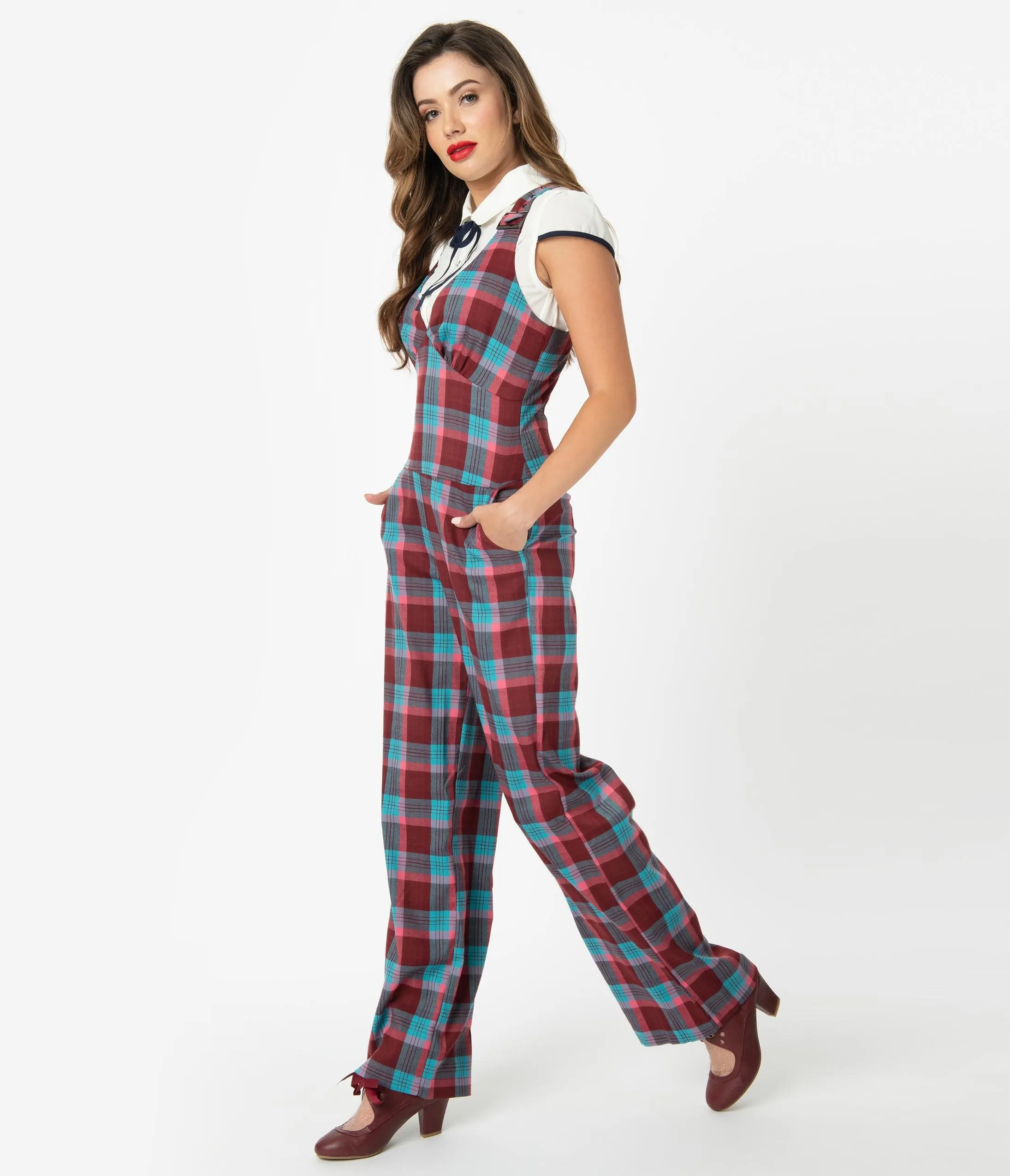 Voodoo Vixen 1970s Burgundy & Blue Plaid Buckle Strap Jumpsuit