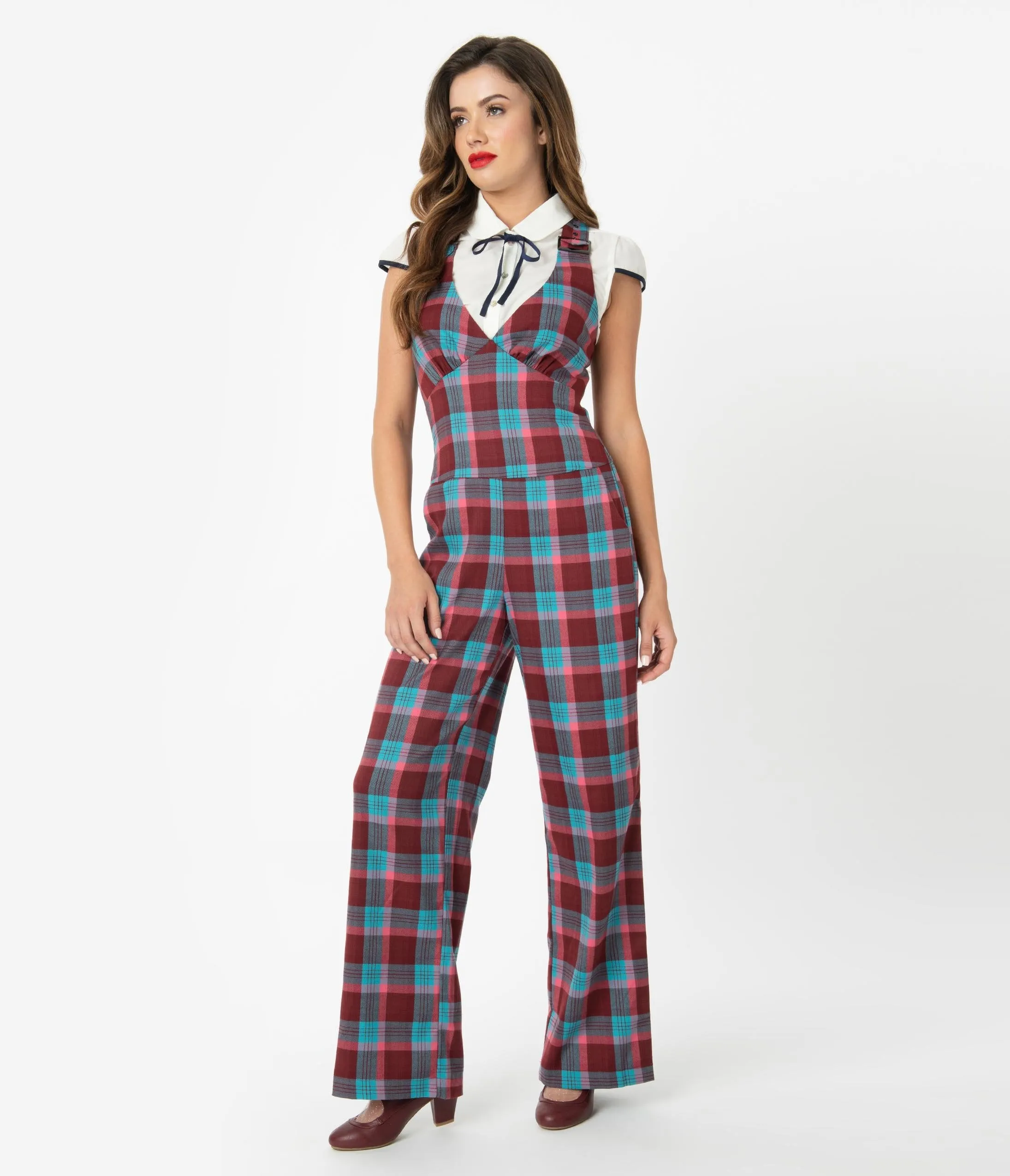 Voodoo Vixen 1970s Burgundy & Blue Plaid Buckle Strap Jumpsuit