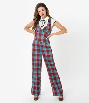 Voodoo Vixen 1970s Burgundy & Blue Plaid Buckle Strap Jumpsuit