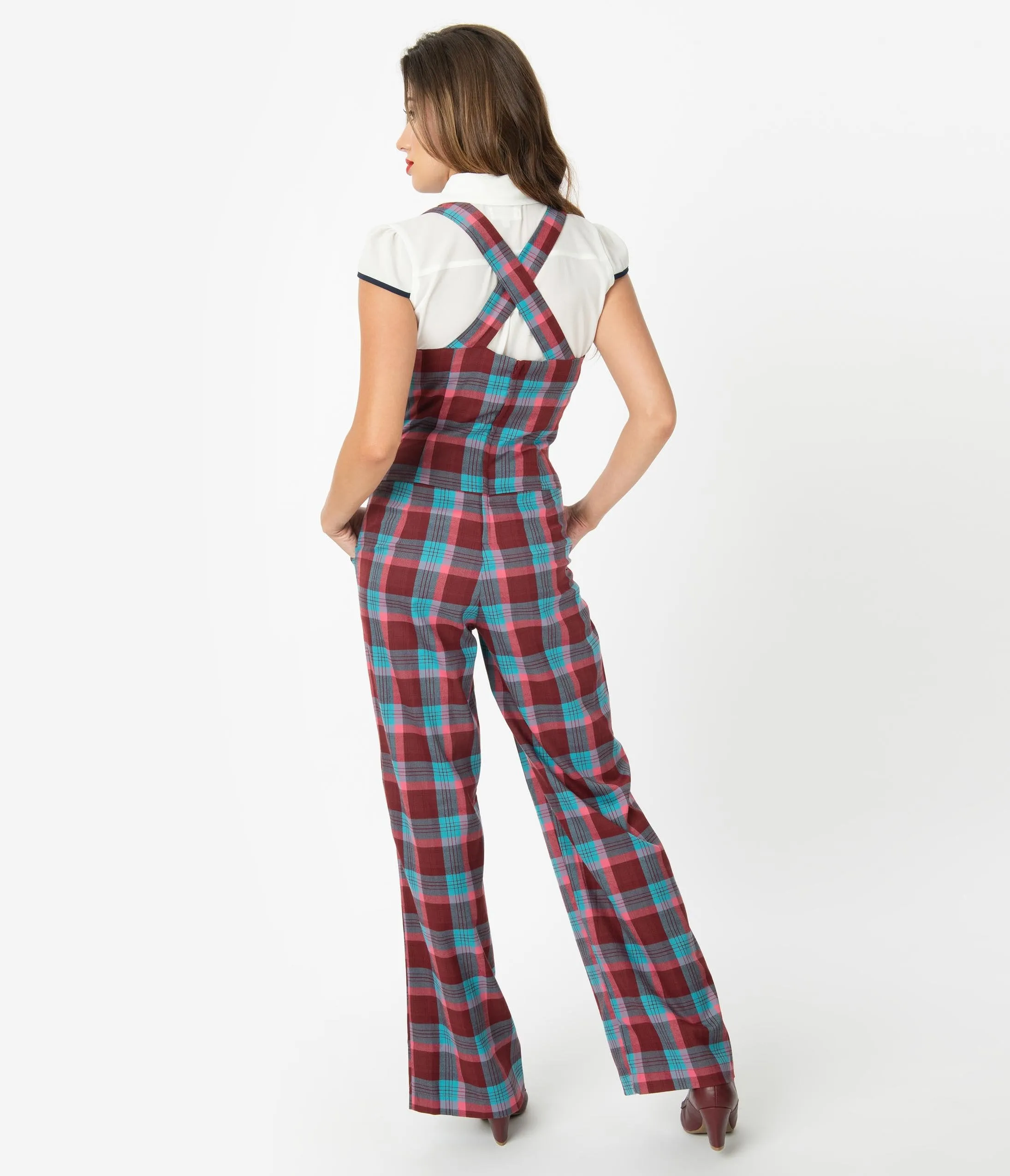 Voodoo Vixen 1970s Burgundy & Blue Plaid Buckle Strap Jumpsuit