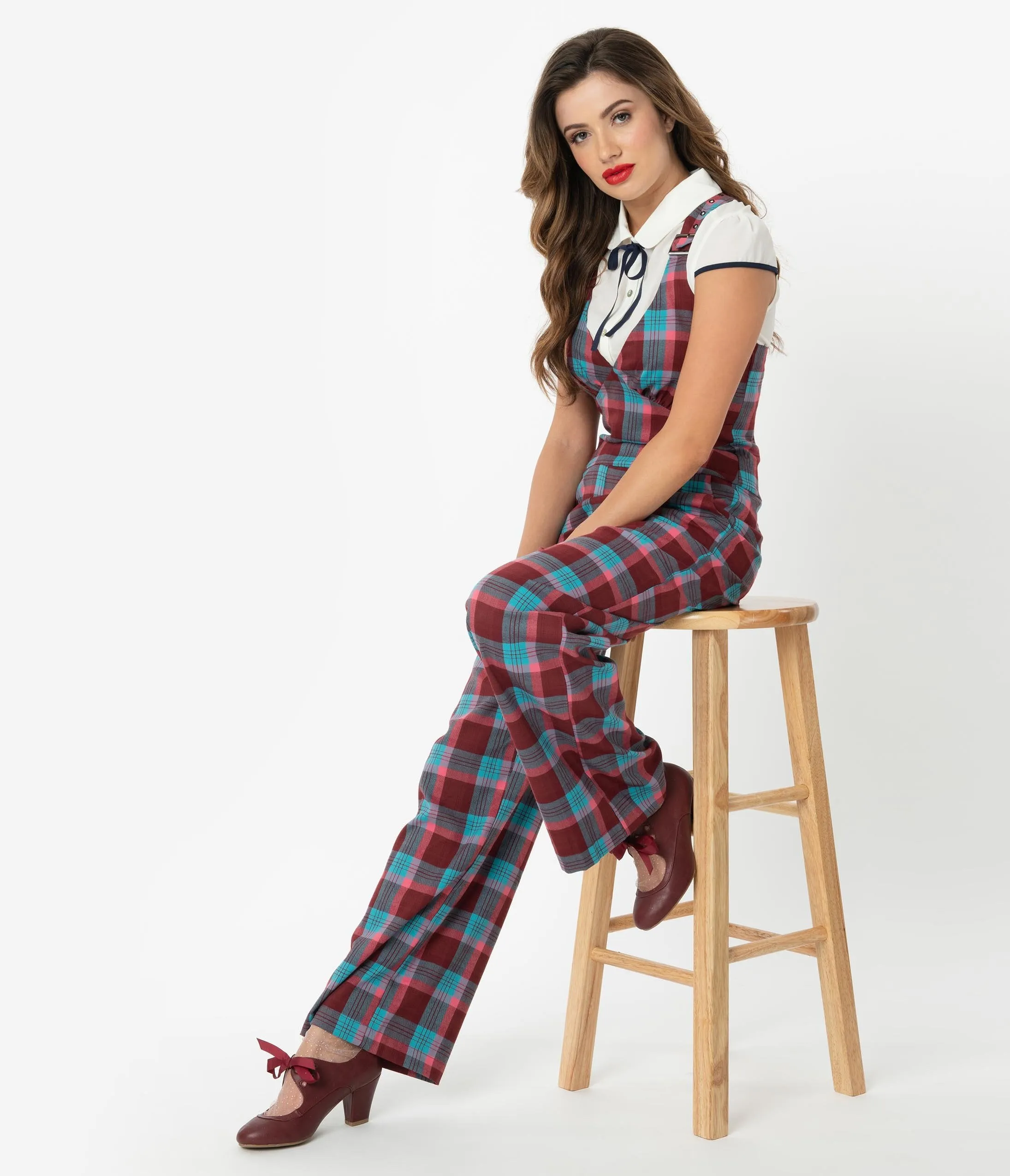 Voodoo Vixen 1970s Burgundy & Blue Plaid Buckle Strap Jumpsuit