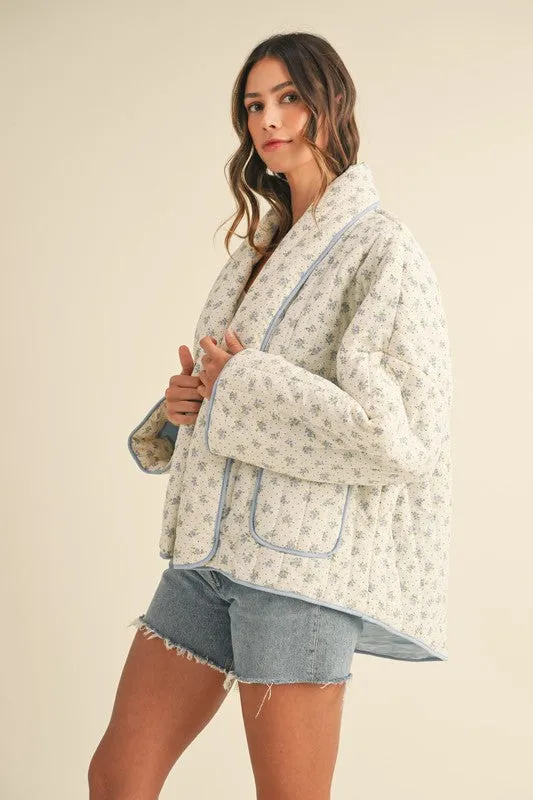 Waitlist 11/12 ♥ Norah Long Sleeve Floral Print Open Front Quilted Shacket Blue