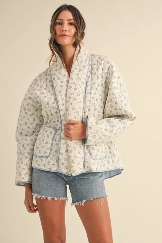 Waitlist 11/12 ♥ Norah Long Sleeve Floral Print Open Front Quilted Shacket Blue