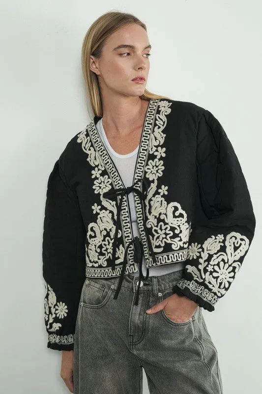 Waitlist 11/18 ♥ Lori Long Sleeve Floral Embroidered Front Tie Quilted Shacket Black