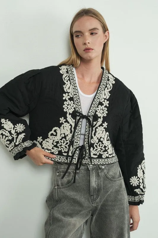 Waitlist 11/18 ♥ Lori Long Sleeve Floral Embroidered Front Tie Quilted Shacket Black