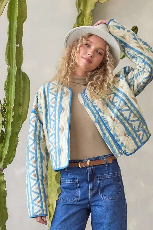 Waitlist 11/20 ♥ Beth Long Sleeve Aztec Print Quilted Shacket Blue